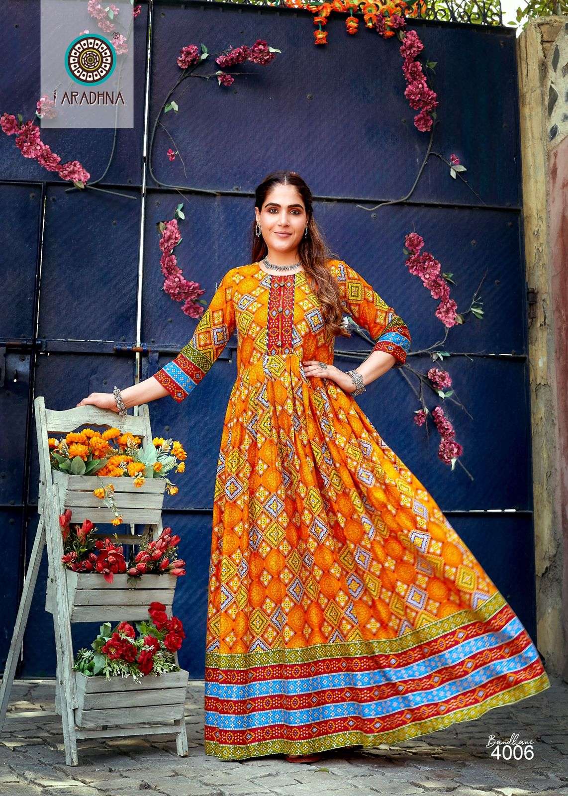 BANDHANI VOL 4 RAYON BANDHANI PRINT EMBROIDERY WORK LIVA TAG LONG GOWN KURTI BY ARADHNA BRAND 4006